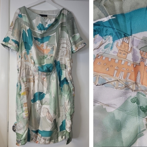 Piazza Sempione Silk Watercolor Italian Monuments Print Drawstring Dress Size S - Picture 2 of 16